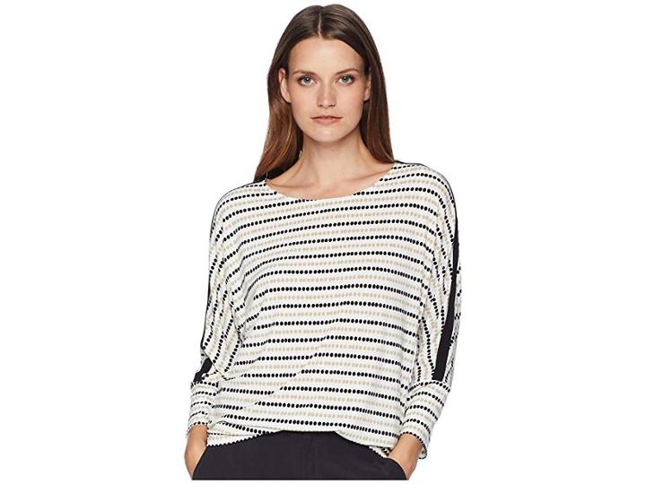 Calvin Klein Printed Long Sleeve Top W/ Bar Hardware (soft White/latte) Women's Blouse