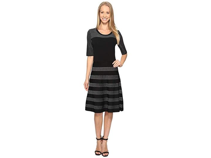 Calvin Klein Pointelle Fit And Flare Dress (black/white) Women's Dress