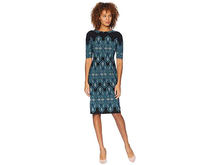 London Times Extended Short Sleeve Printed Sheath Dress (black/aqua) Women's Dress