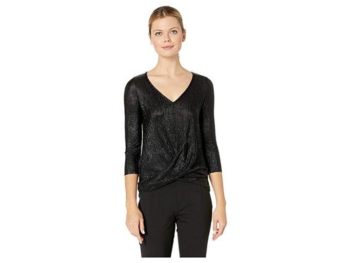 Three Dots Pleated Lurex Twist Top W/ Lace Trim (black) Women's Clothing