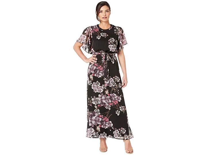 Nine West Flutter Sleeve Maxi Dress (black/violet Dove Multi) Women's Jumpsuit & Rompers One Piece