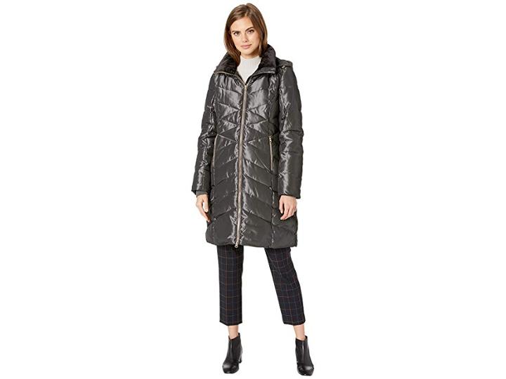 Jessica Simpson Long Puffer W/ Hood (titanium) Women's Coat