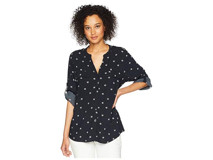 Calvin Klein Printed Roll Sleeve (black/white Print) Women's Blouse