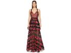 Marchesa Notte Sleeveless Fringe Floral Embroidered Tiered Gown With Lace Trims (black) Women's Dress