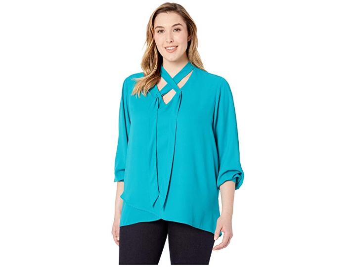 Karen Kane Plus Plus Size Tie Neck Crossover Top (peacock) Women's Clothing