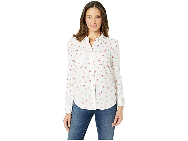 Per Se Long Sleeve Split Back Shirt (white Watermelon) Women's Clothing