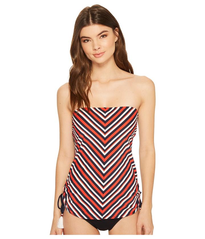 Tommy Hilfiger True Tommy Stripe Side Cinched Bandeau Tankini Top (core Navy) Women's Swimwear