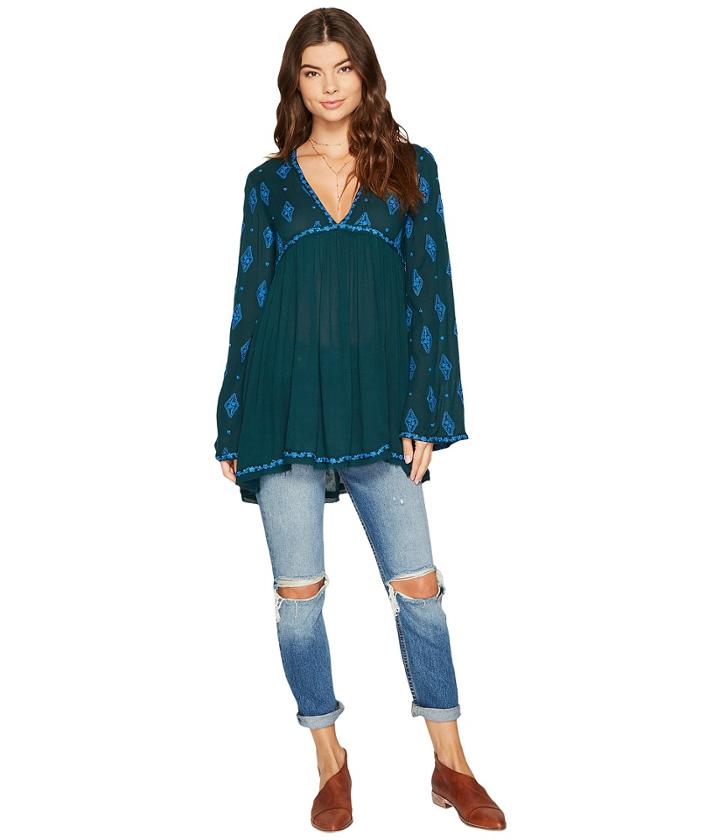 Free People Diamond Embroidered Top (dark Green) Women's Clothing