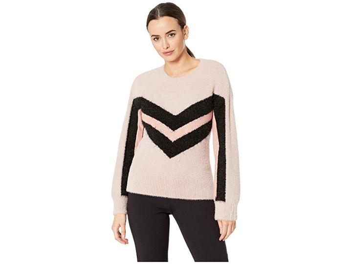 Vince Camuto Long Sleeve Tinsel Crew Neck Chevron Sweater (rose Buff) Women's Sweater