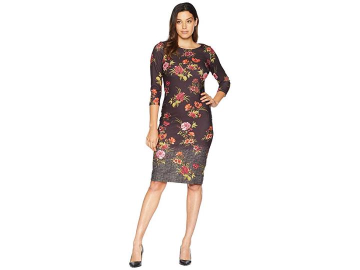 Eci 3/4 Sleeve Scuba Crepe Floral Printed Menswear Hem Dress (black/pink) Women's Dress