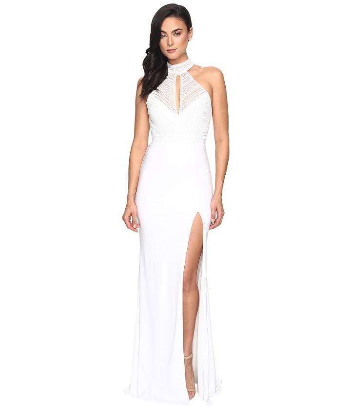 Faviana Lace Halter W/ Keyhole Jersey Skirt S7932 (ivory) Women's Dress