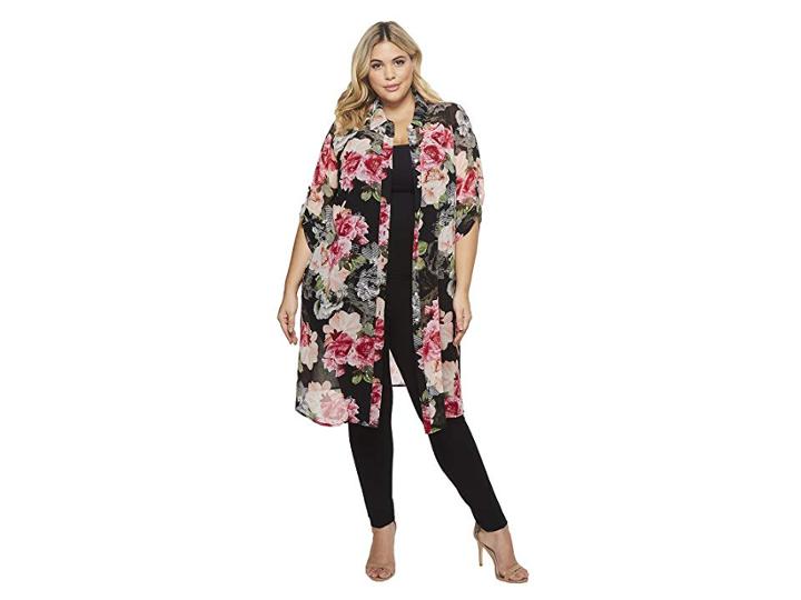Calvin Klein Plus Plus Size Roll Sleeve Long Printed Tunic (black Floral) Women's Clothing