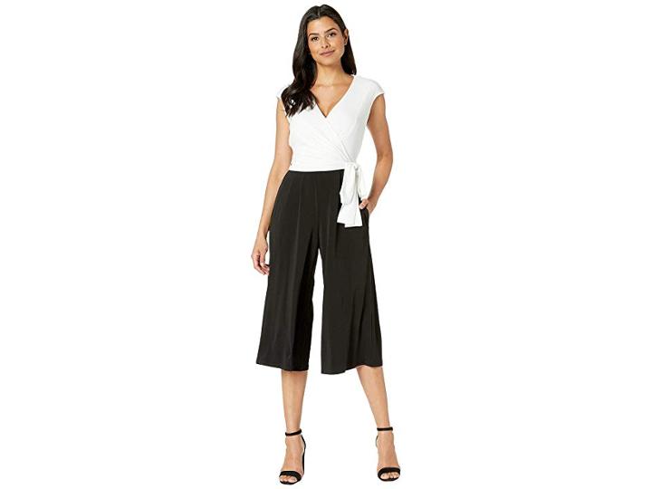 London Times Wrap Top Jumpsuit W/ Tie Waist (white/black) Women's Jumpsuit & Rompers One Piece