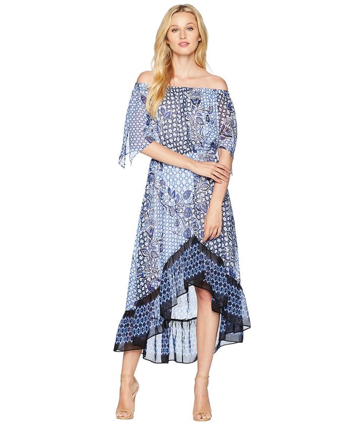 Nine West Hmc Off-the-shoulder High-low Dress (cobalt Multi) Women's Dress