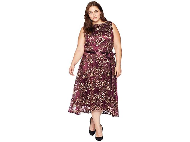 Tahari By Asl Plus Size Embroidered Mesh Midi Dress (aubergine/gold) Women's Dress