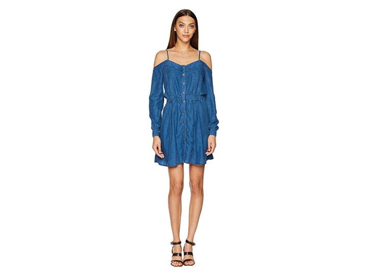 The Kooples Lyocel Denim Dress With Bare Shoulders And Splits Details (blue) Women's Dress