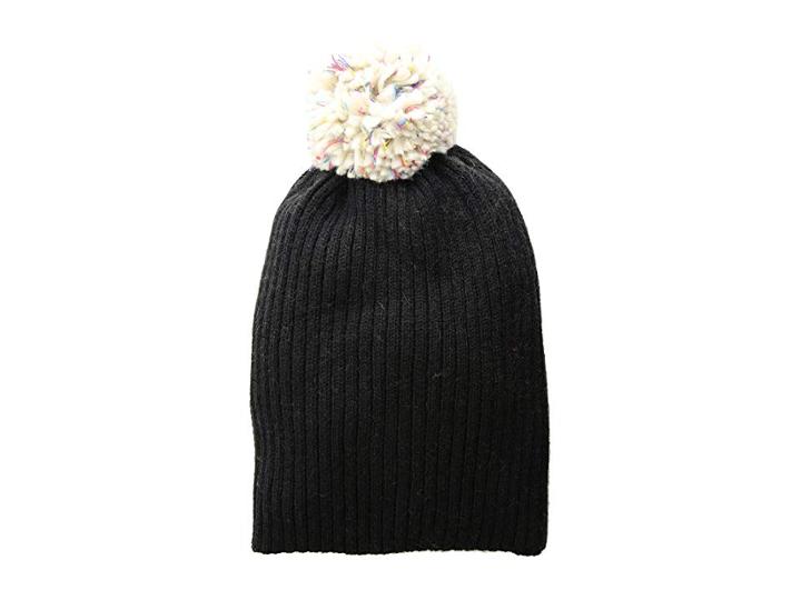 Hat Attack Lightweight Rib Watch Cap With Knit Pom (black/neutral Multi Pom) Caps