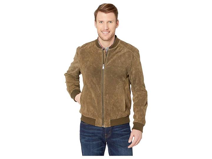 Cole Haan Suede Zip Front Water Resistant Jacket (olive) Men's Clothing