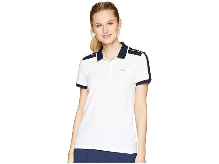 Lacoste Roland Garros Stretch Mini Pique Contrast Trim Polo (white/navy Blue/apricot) Women's Short Sleeve Knit