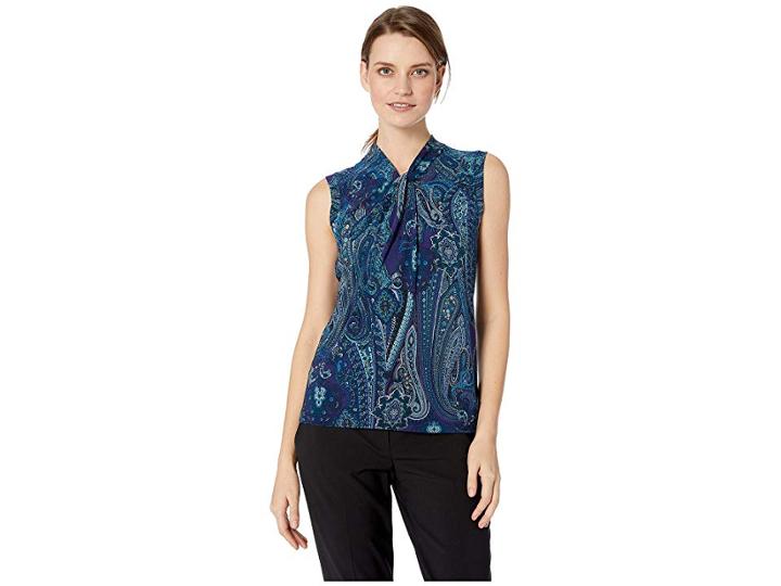 Tommy Hilfiger Printed Knot Neck Knit Top (noct Multi) Women's Clothing