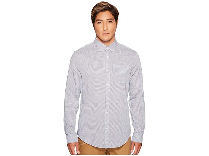 Original Penguin Long Sleeve Slub Linen Feeder Stripe Button Down (dark Sapphire) Men's Long Sleeve Button Up