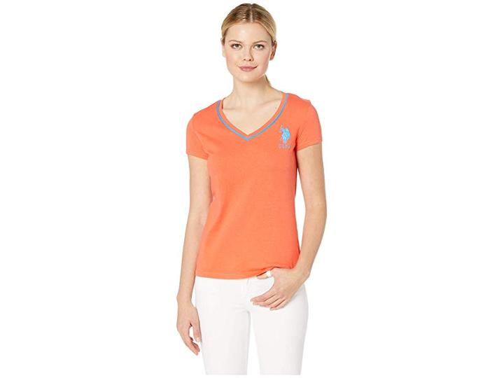 U.s. Polo Assn. V-neck Big Logo Tee (hot Coral) Women's Clothing