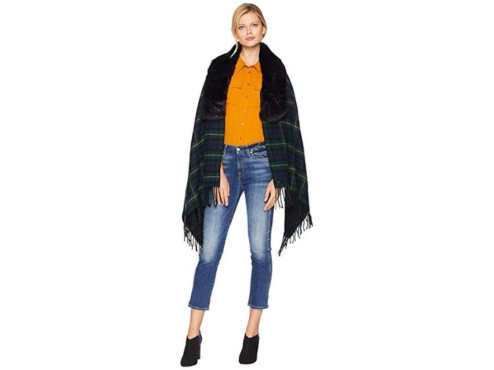 Lauren Ralph Lauren Holiday Fur Collar Ruana (blackwatch) Women's Clothing