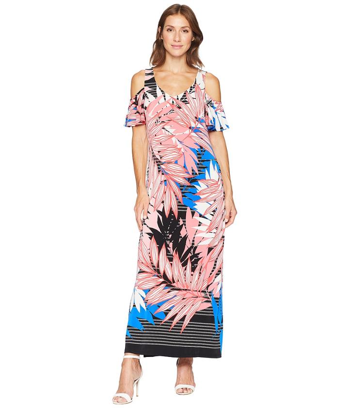 Nine West Ity V-neck Shoulder Flutter Sleeve Maxi Dress (coral/cobalt Multi) Women's Dress