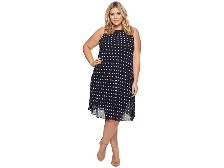 Lauren Ralph Lauren Plus Size Geminah Classic Dot Georgette Dress (lighthouse Navy/colonial Cream) Women's Dress