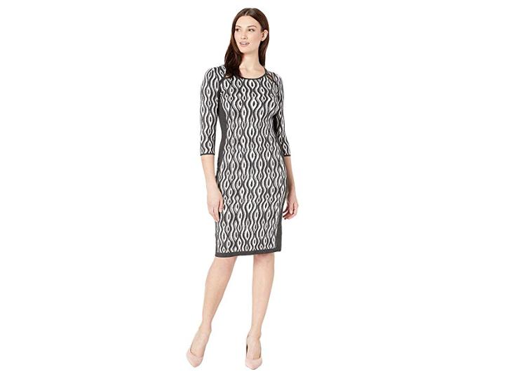 Gabby Skye Full Fashion Sweater Dress (heather Graphite/ivory) Women's Dress