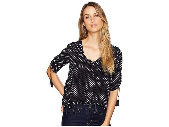 Three Dots Dot Printed Crepe 3/4 Sleeve Top W/ Tassels (black/cream) Women's Clothing