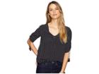 Three Dots Dot Printed Crepe 3/4 Sleeve Top W/ Tassels (black/cream) Women's Clothing