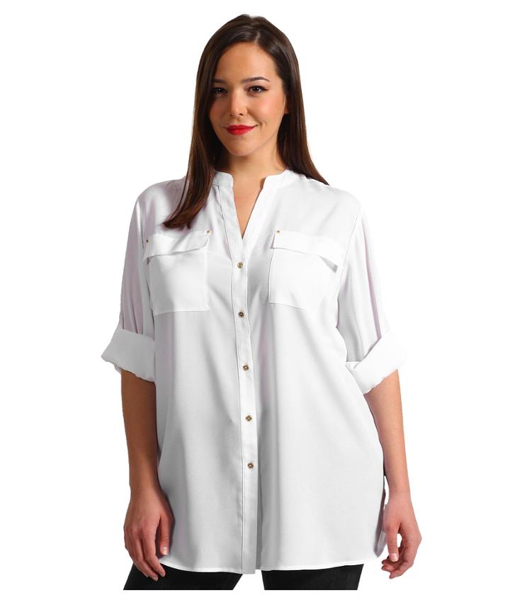 Calvin Klein Plus Plus Size Crew Roll Sleeve Blouse (soft White) Women's Blouse