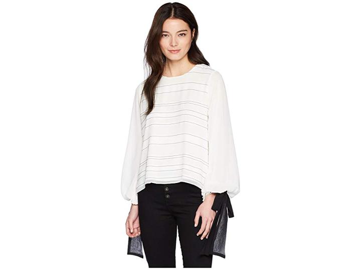 Vince Camuto Specialty Size Petite Tie Cuff Bubble Sleeve Sheer Jacquard Stripe Blouse (new Ivory) Women's Blouse