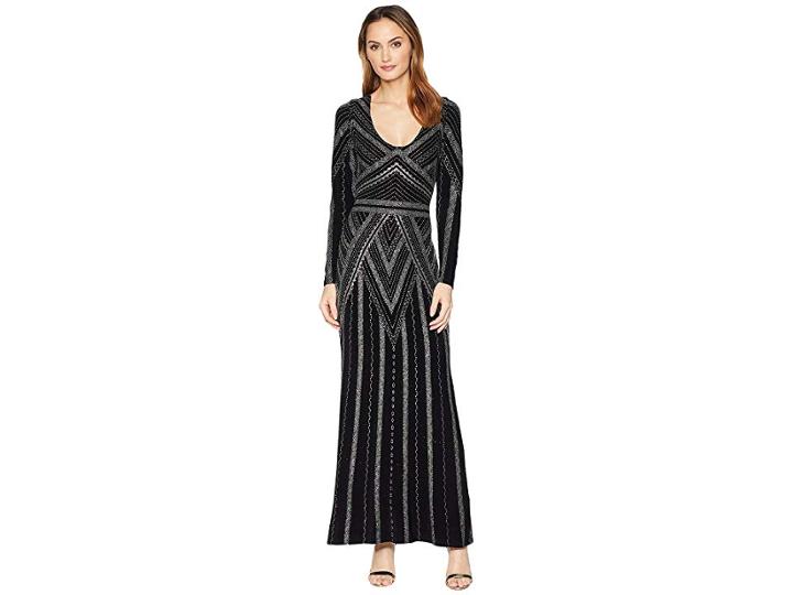 Marina Long Sleeve V-neck Glitter Knit Gown (black/silver) Women's Dress