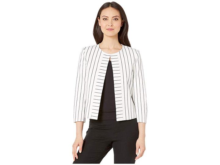Tahari By Asl Collarless Seamed Jacket (ivory/black Stripe) Women's Coat