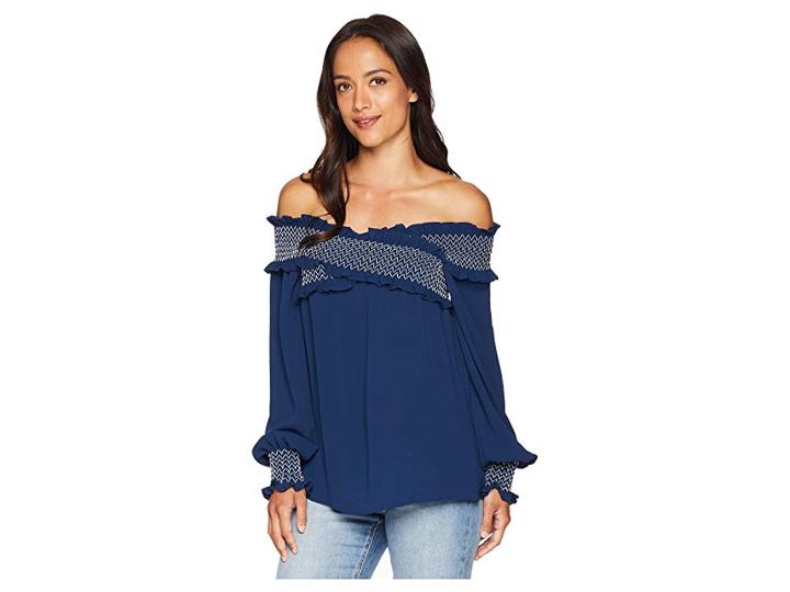 Vince Camuto Long Sleeve Smocked Cross Front Blouse (high Tide) Women's Blouse