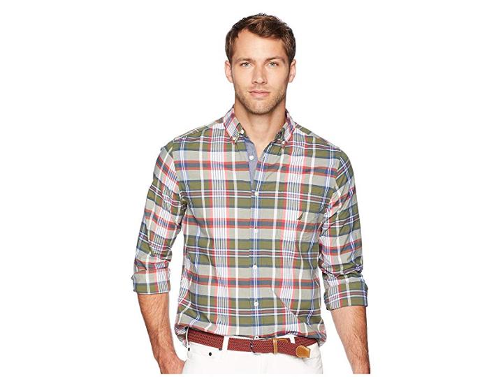 Nautica Long Sleeve Large Plaid Poplin Woven Shirt (convoy Green) Men's Clothing