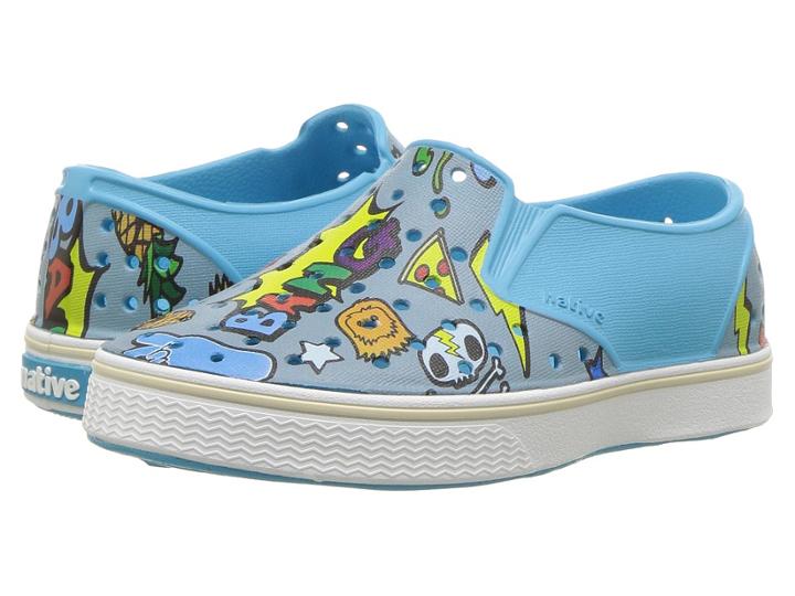 Native Kids Shoes Miles Print (toddler/little Kid) (pigeon Grey/shell White/sticker Book Print) Kids Shoes