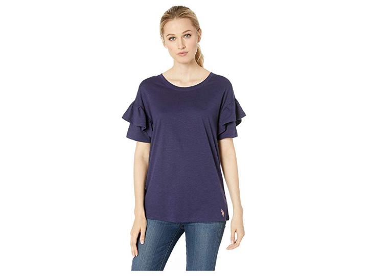 U.s. Polo Assn. Solid Ruffle Sleeve Tee (evening Blue) Women's Clothing