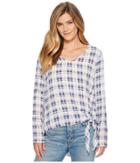 Mod-o-doc Printed Rayon Woven V-neck Pullover Tie Front Blouse (navy Plaid) Women's Blouse
