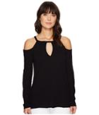 Heather Cotton Gauze Long Sleeve Cold Shoulder Top (black) Women's Clothing