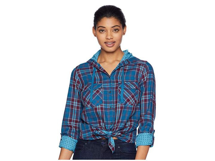 Columbia Times Twotm Hooded Long Sleeve Shirt (lagoon Plaid) Women's Long Sleeve Button Up