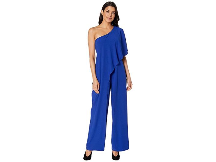 Marina Stretch Crepe One Shoulder Jumpsuit With Cascade Side Drape (cobalt) Women's Jumpsuit & Rompers One Piece
