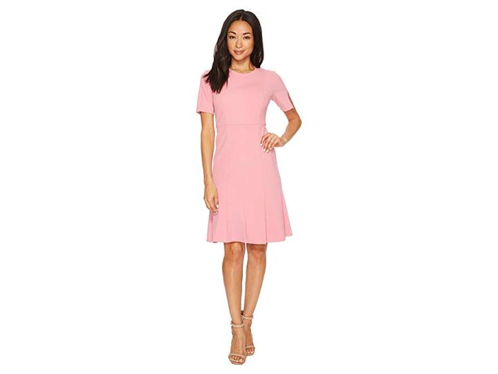 Donna Morgan Short Sleeve Knitted Crepe Fit And Flare Dress (pink Sherbet) Women's Dress