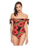 Unique Vintage Hermosa Swimsuit (black/red Hibiscus) Women's Swimsuits One Piece