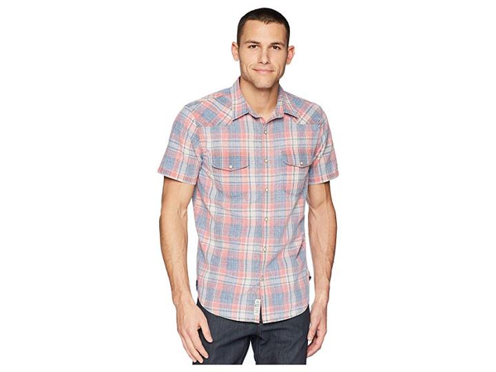 Lucky Brand Short Sleeve Santa Fe Western Shirt (red/blue Plaid) Men's Short Sleeve Button Up
