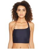 Michael Michael Kors Sea Side Texture Asymmetrically Halter Bikini Top W/ Ring Chain Strap Removable Soft Cups (new Navy) Women's Swimwear
