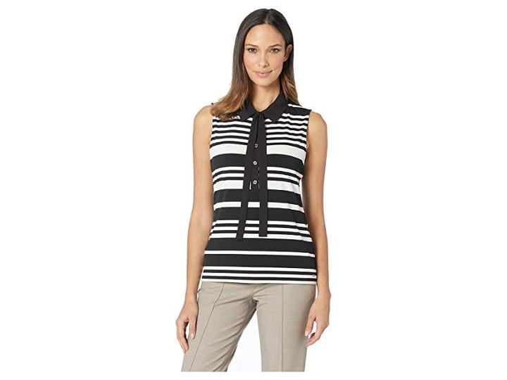 Tommy Hilfiger Stripe Collared Mixed Media Top (black/ivory) Women's Clothing