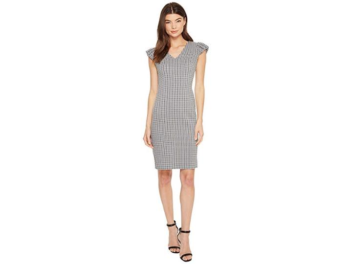 Calvin Klein Gingham Puff Sleeve Compression Sheath Cd8e13gy (black/white Multi) Women's Dress